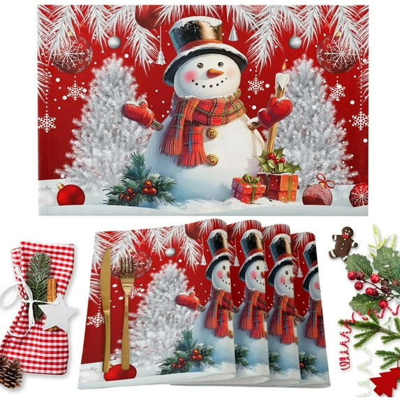 Christmas Placemats Set of 6 Snowman Table Mats, Xmas Tree Winter Holiday Seasonal Holiday Outdoor Dining Table Place Mats for Home Party Decoration(Red and White, 12"x18")