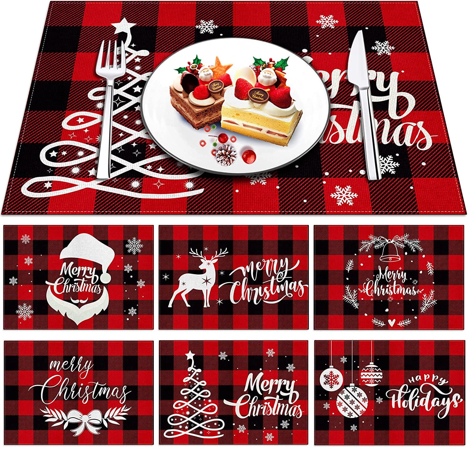 Christmas Placemats, Set of 6 Table Mats for Dining Tables, 12 × 18 Inches Red Black Check Linen