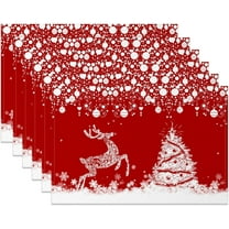 Christmas Placemats Set of 6 for Table,Winter Reindeer Xmas Tree Placemats Heat Resistant 18x12 Inch Table Mats,Christmas Snowflakes Linen Table Mats for Party Kitchen Dining Table Decor