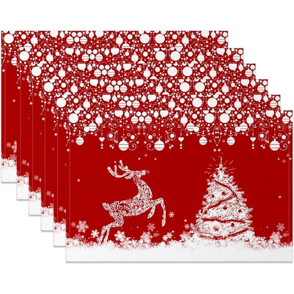 Christmas Placemats Set of 6 for Table,Winter Reindeer Xmas Tree Placemats Heat Resistant 18x12 Inch Table Mats,Christmas Snowflakes Linen Table Mats for Party Kitchen Dining Table Decor