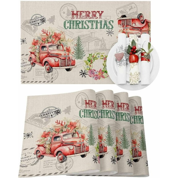 Christmas Placemats Set of 6 Truck Red Poinsettia Christmas Placemats for Dining Table Retro Stamp Table Mat Winter Holiday Home Party Kitchen Table Decorations