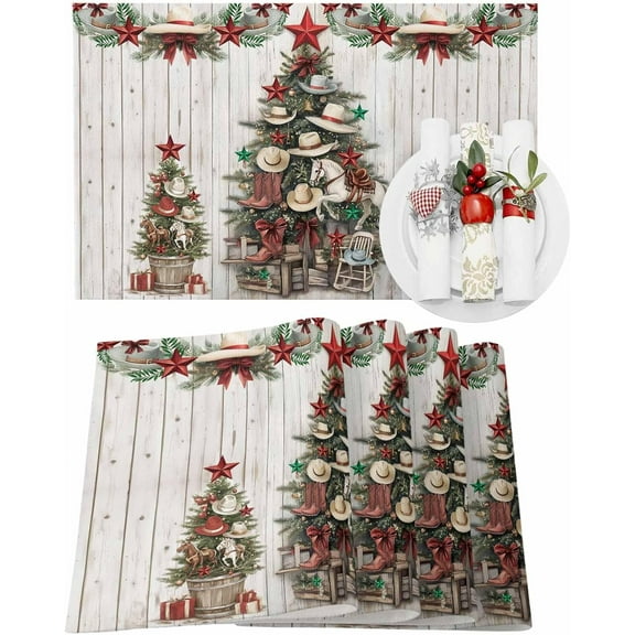 Christmas Placemats Set of 6 Western Texas Star Christmas Placemats for Dining Table Cowboy Hat Boots XmasTree Table Mat Winter Holiday Home Party Kitchen Table Decorations