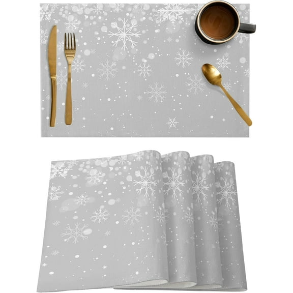 Christmas Placemats Set of 6, White Snowflake Placemat for Dining Table Decorations, Cotton Linen Gray Place Mats, Xmas Table Mats for Kitchen Dinner Holiday Party Decor Gift