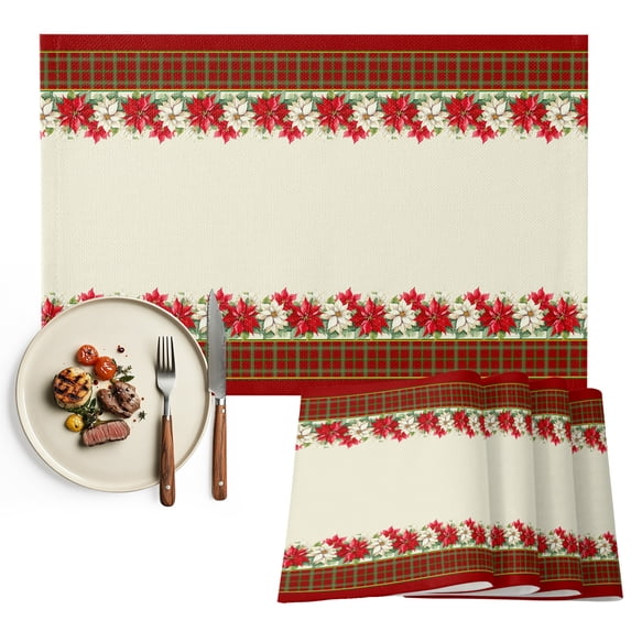 Christmas Placemats Set of 6, Winter Xmas Poinsettia Red Green Plaid Washable Wipeable Table Mats for Dining Tables, Indoor Outdoor Kitchen Place Mats for Holiday Party Table Decor