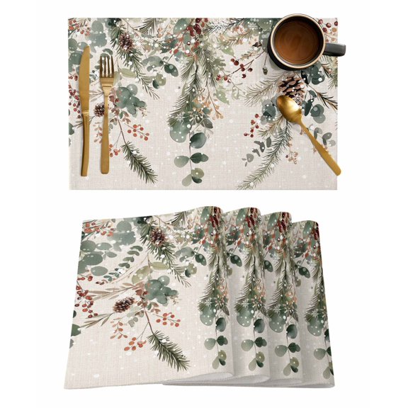 Christmas Placemats Set of 6, Xmas Botanical Pinecone Eucalyptus Leaves Rustic Placemats for Dining Table, Place Mats for Kitchen Tabletop, Waterproof Wipeable Dining Table Mats Set
