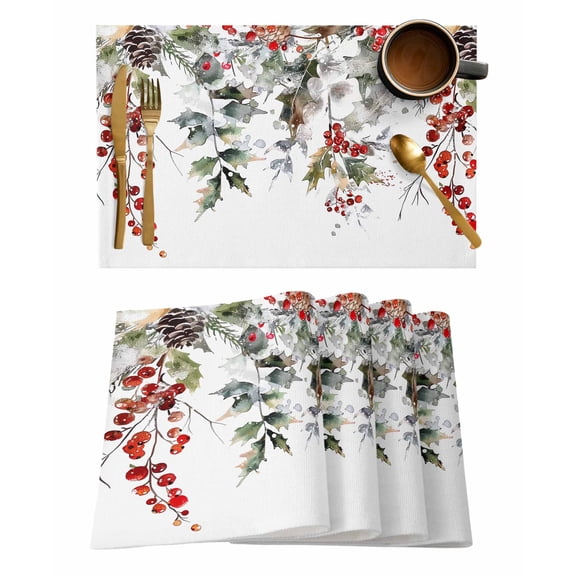 Christmas Placemats Set of 6, Xmas Tree Botanical Red Berry Pinecone Placemats for Dining Table, Place Mats for Kitchen Tabletop, Waterproof Wipeable Dining Table Mats Set