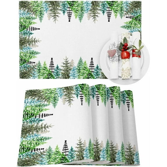 Christmas Placemats Set of 6 Xmas Tree Forest Christmas Placemats for Dining Table Winter Snowy Watercolor Green Table Mat Winter Holiday Home Party Kitchen Table Decorations