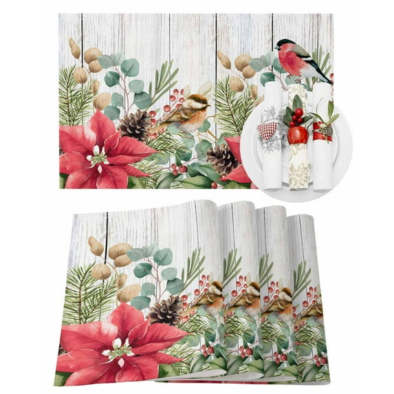 Christmas Placemats Set of 8 Red Green Poinsettia Floral Leaf Bird Wood Grain Heat Insulation Washable Place Mats, Rustic Non-Slip Table Mats for Dining Table Party Kitchen Decor,13x19 Inch