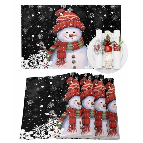 Christmas Placemats Set of 8 Snowman with Cap Xmas Snowflake Black Heat Insulation Washable Place Mats, Rustic Non-Slip Table Mats for Dining Table Party Kitchen Decor,13x19 Inch