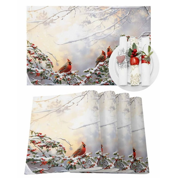 Christmas Placemats Set of 8 Winter Snowfall Forest Bough Cardinal Berries Heat Insulation Washable Place Mats, Rustic Non-Slip Table Mats for Dining Table Party Kitchen Decor,13x19 Inch