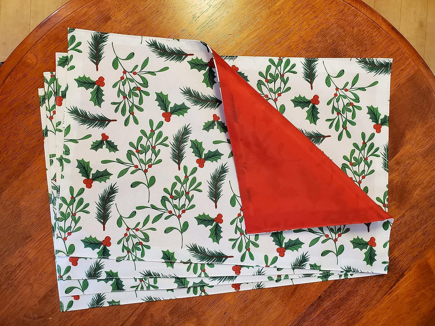 Christmas Placemats, Set Of 4, Holiday Placemat, Fabric Holly Mistletoe