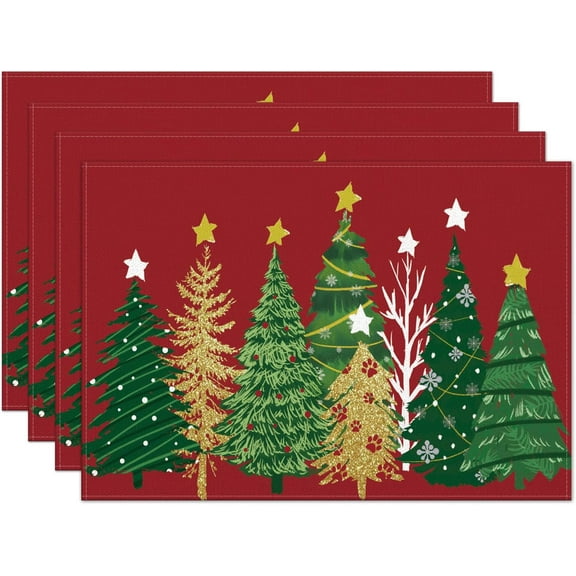 Christmas Placemats Set of 4, 12x18 Inch Red Pines Trees Table Mats, Seasonal Winter Xmas Holiday Table Decors for Home Kitchen Dining Party