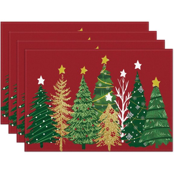 Christmas Placemats Set of 4, 12x18 Inch Red Pines Trees Table Mats, Seasonal Winter Xmas Holiday Table Decors for Home Kitchen Dining Party