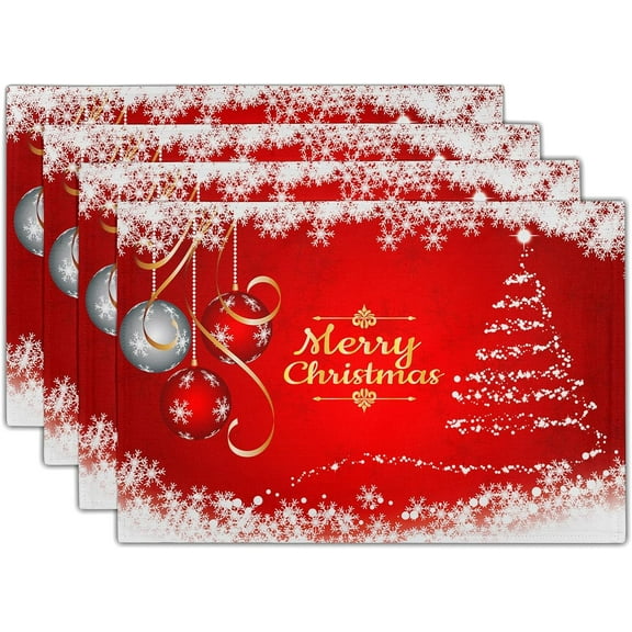 Christmas Placemats Set of 4, Winter Red Xmas Snowflake Place Mats Washable Linen Rectangle Dining Table Mats for Holiday Party Decor 12x18 inch