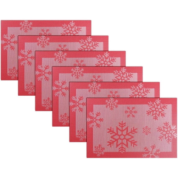 Christmas Placemats Set of 6 Vinyl Woven Non-Slip Placemats Washable Easy to Clean Table Mats for Dining Table (Snow Red)