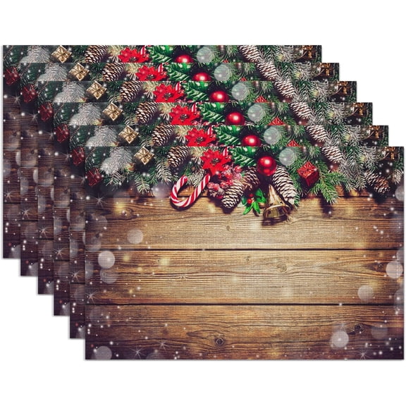 Christmas Placemats Set of 6,Washable Heat Resistant 12×18 Inch Linen Table Mats Wooden Place Mats for Party Outdoor Dining Décor