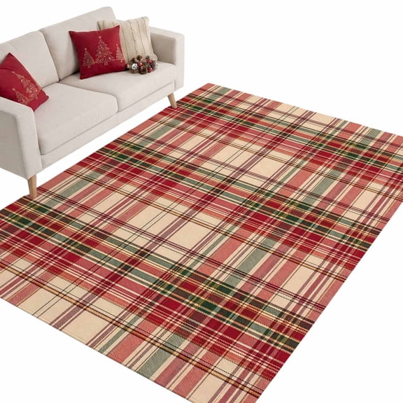 Christmas Plaid 9'x12' Large Area Rugs Winter Pastoral Rustic Red Green Beige Gingham Check Washable Area Rugs Non-Slip Indoor Floor Mats for Villa Parlour, Hotel Lounge, Recreation Room
