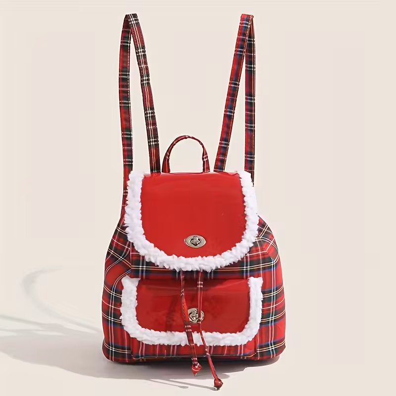 Christmas Plaid Backpack , Red Tartan Mini Bag with Faux Fur Trim, Holiday Gift Bag with Drawstring & Front Pocket