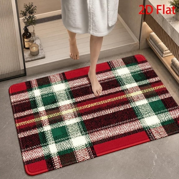 Christmas Plaid Bath Rug, Festive Holiday Bathroom Mat, Machine-Washable