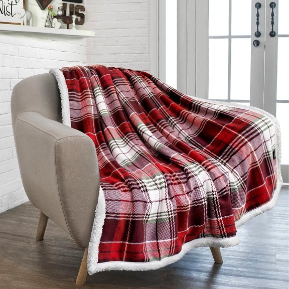 Christmas Plaid Blanket | Sherpa Fleece Flannel Throw Blanket | Christmas Plaid Warm Plush Microfiber Blanket for Couch Sofa | 50x60 Inches