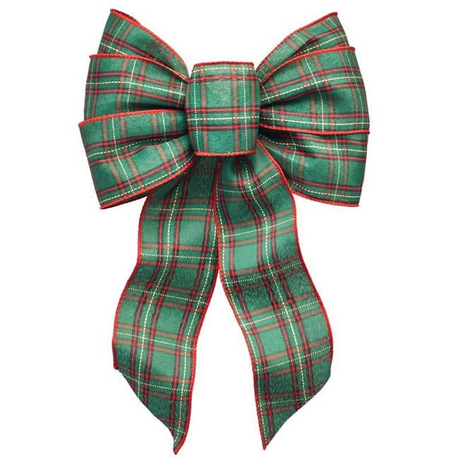 Christmas Plaid Bow Fabric, Beige, Green & Red - Pack of 12