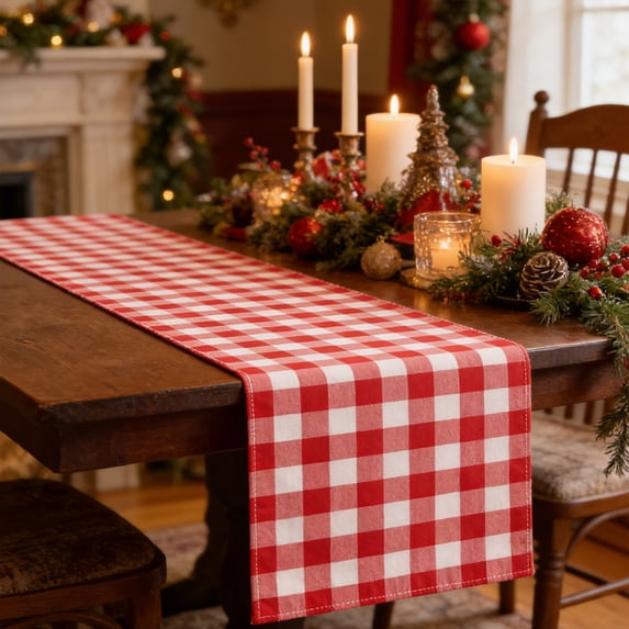 Christmas Plaid Check Table Runner 13 x 72 Inch, Holiday Farmhouse Decoration for Fireplace Kitchen Dining Room Home Party Display, Red and White Checkered Cover for Winter Celebration