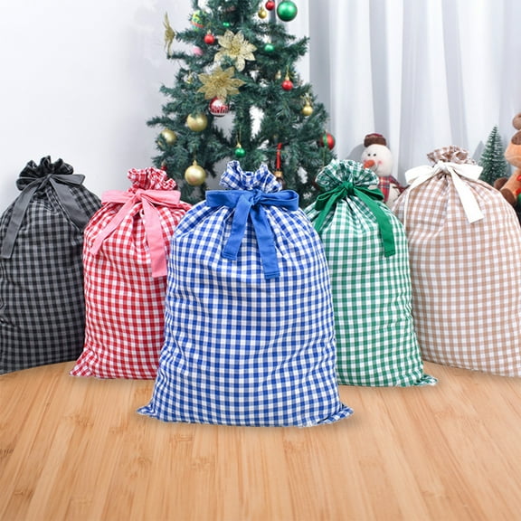 Christmas Plaid Cloth Drawstring Gift Bag | Large Reusable Holiday Candy Sack | Festive Colors Black Blue Red Green Khaki | 27.56 x 19.69 in | 1 Pack | Storage Decor
