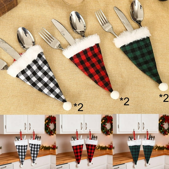 Christmas Plaid Cutlery Bag, Christmas Hat Utensil Holder, Cloth Fabric with White Edge, Table Setting for Holiday Dining,Vsgery