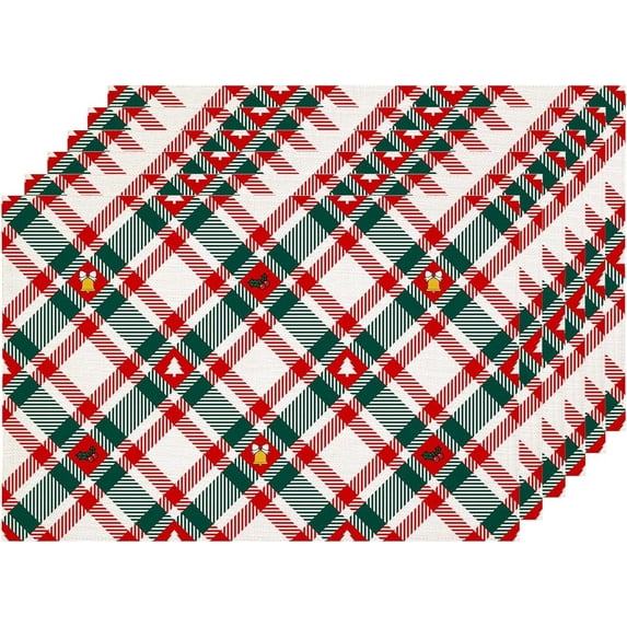 Christmas Plaid Decoration Placemats, Red Green White Diagonal Check (Red) Table Mat Linen Burlap Washable Double-Deck Heat Insulation for Dining Table Kitchen Table Set of 6 (12 X 18 Inch)