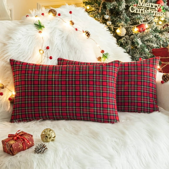 Christmas Plaid Decorative Throw Pillow Covers Scottish Tartan Cushion Case Polyester for Farmhouse Home Holiday Decor