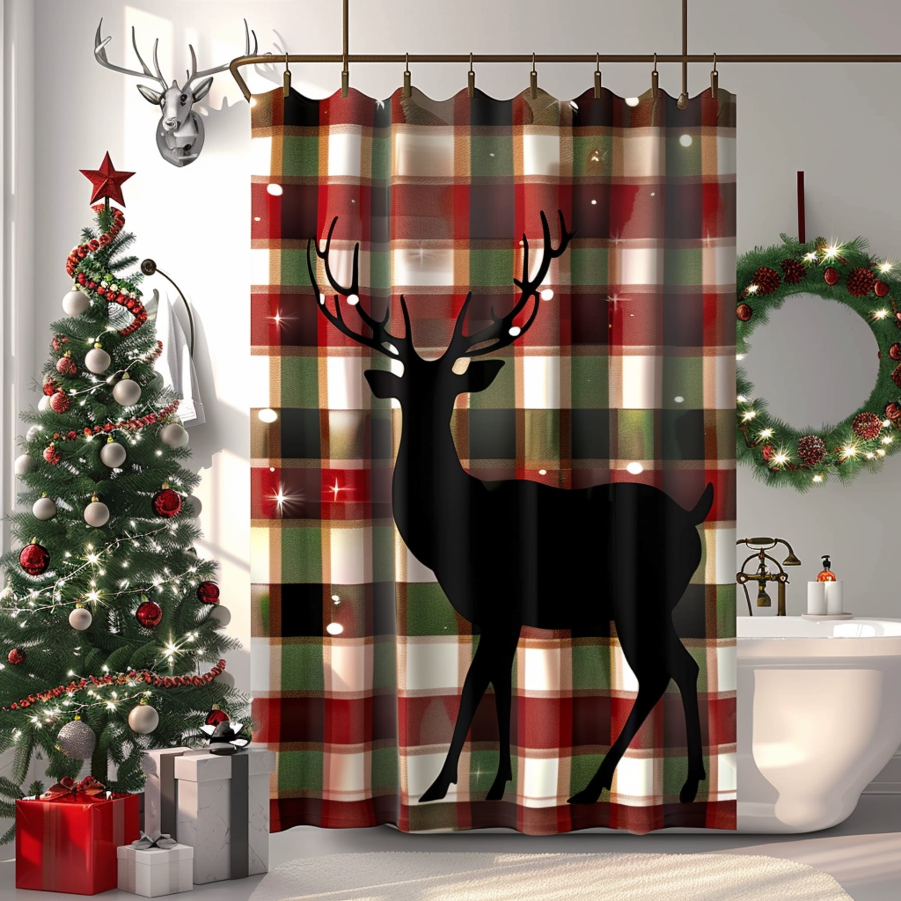 Christmas Plaid Deer Bathroom Decor Shower Curtain with Festive Wreaths