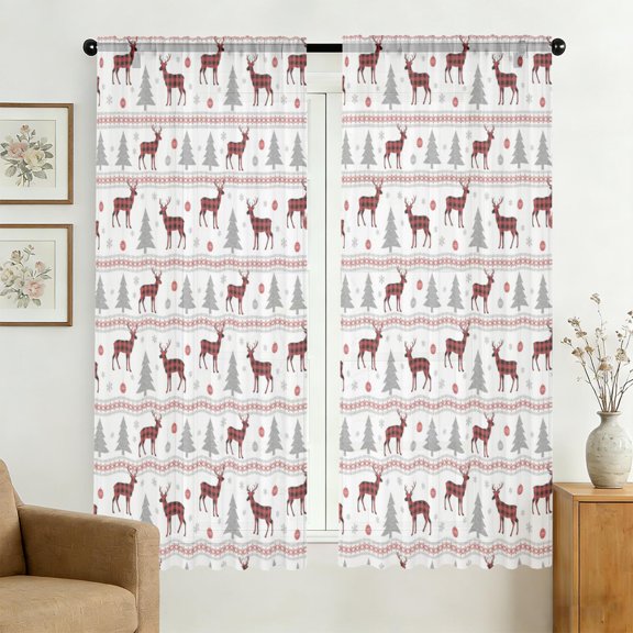 Christmas Plaid Deer Tree Pattern Sheer Curtains, Voile Drapes with Dual Rod Pocket, Airy Sheer Gifts for Housewarming Holiday,42"x63"