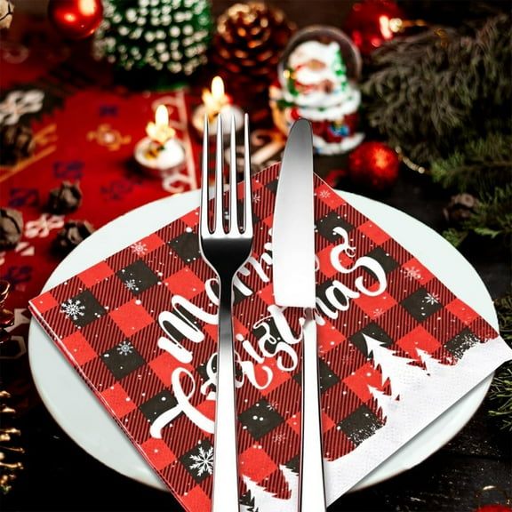 Christmas Plaid Disposable Napkins - Holiday 16-Count Cocktail Napkins, Festive Red-Black Check Soft Absorbent Paper Coffee Tea Napkins