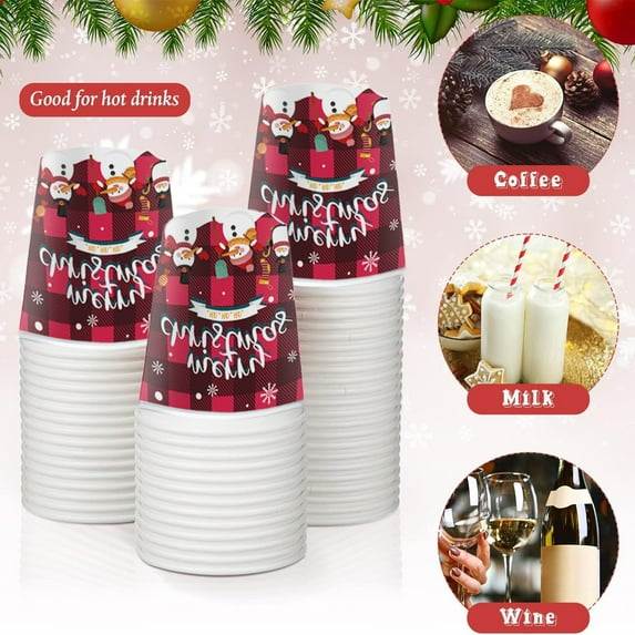 Christmas Plaid Disposable Paper Cups - 16-Count Festive Red Check, All-Beverage Cold and Hot Holiday Coffee Tea Cocoa Party Cups