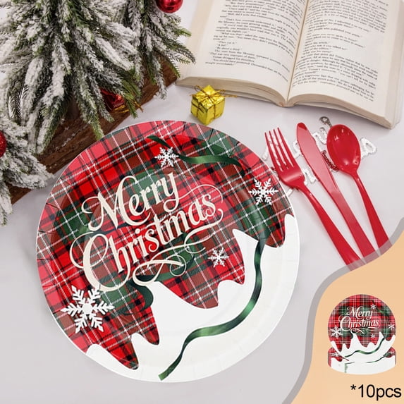 Christmas Plaid Disposable Party Set - 10pcs Paper Plates with "Merry Christmas" Print, Red Green Plaid Snowflake Design for Holiday Party, Dinner & Table Decorations