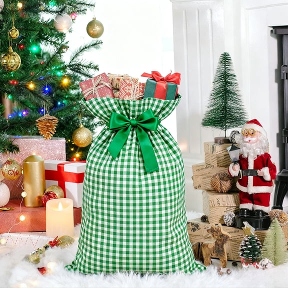 Christmas Plaid Drawstring Bag - Large Capacity Gift Pouch with Easy-Pull Closure, Holiday Storage Sack for Party Favors Candy Treats Reusable Organizer Tote