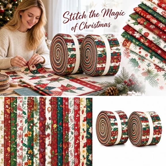 Christmas Plaid Fabric Bundle with Tree and Plaid Patterns, 40 Pieces of 2.5 X 44 Inches, Festive Red and Green Designs, for Quilting and Sewing Diy Projects