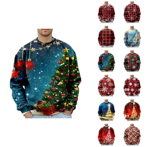 Christmas Plaid Hoodie for Men 2025 Long Sleeve Crewneck Snowflake Graphic Sweat Shirt Pullover Tops