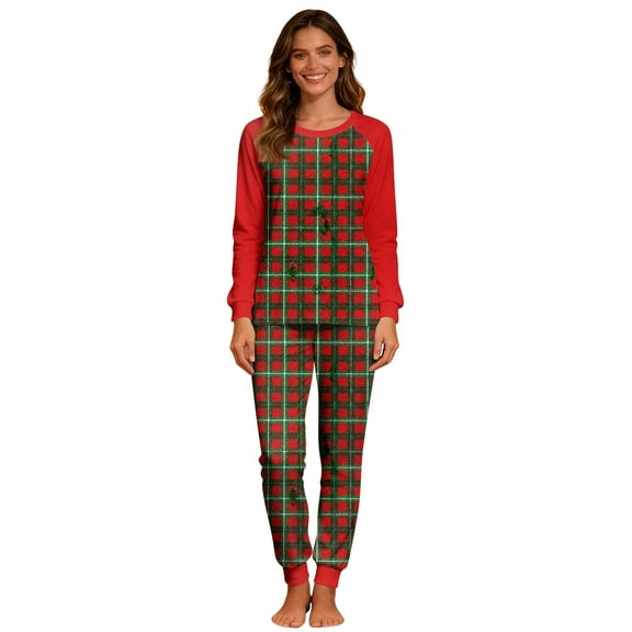 Christmas Plaid Loungewear for Women Long Sleeve Crew Neck Shirt and Bottom Christmas Sleepwear Cozy Xmas Nightwear Relaxed Fit Pajama Set Festive Nightwear Loose Fit Pjs