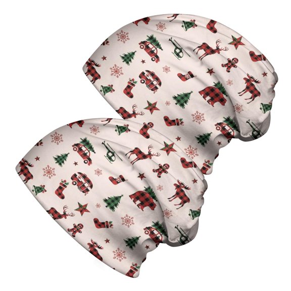 Christmas Plaid Moose Bear Silhouette 2 Pack Slouchy Beanie Hat, Casual Daily Beanie with Stretchy Fabric & Soft Texture, Warm Thermal Gifts for Daily Home Outdoor