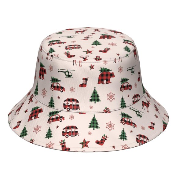 Christmas Plaid Moose Bear Silhouette Bucket Hat, Beach Bucket Hat with Wide Brim & Breathable Fabric, UV Sun Protection Gifts for Hiking Camping Fishing Beach