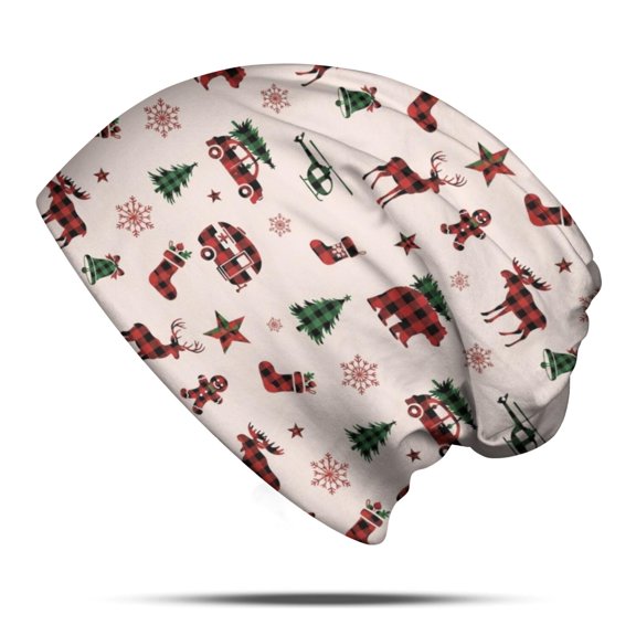 Christmas Plaid Moose Bear Silhouette Slouchy Beanie Hat, Casual Daily Hat with Stretchy Fabric & Soft Texture, Stretchy Polyester Gifts for Unisex Men Women