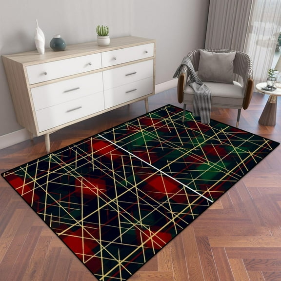 Christmas Plaid Pattern Red Green Navy Blue Yellow Seamless Dark Area Rug Outdoor Patio Rug Play Mat Modern Floor Carpet Non-Slip Home Decor Living Room 2x3ft