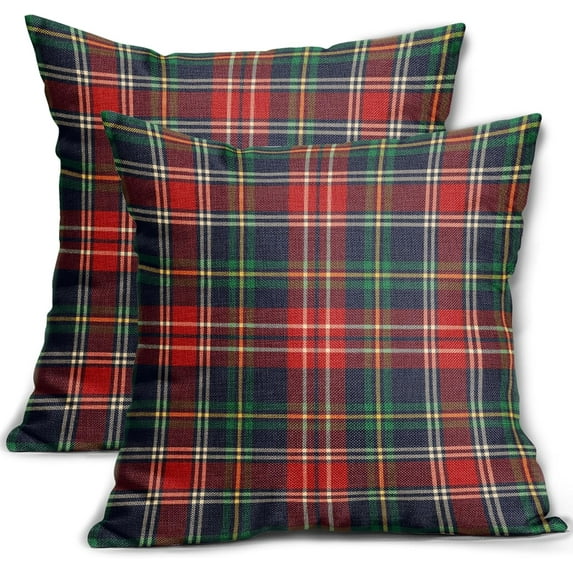 Christmas Plaid Pillow Covers 18x18 Set of 2 Red Green Blue Xmas Buffalo Plaid Checked Print Throw Pillows Outdoor Decorative Pillowcase Farmhouse Square Cushion Cases Decor for Sofa Couch Bed
