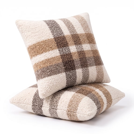 Christmas Plaid Pillow with Insert 18'', Neutral Tartan Couch Cushion, 2 PC