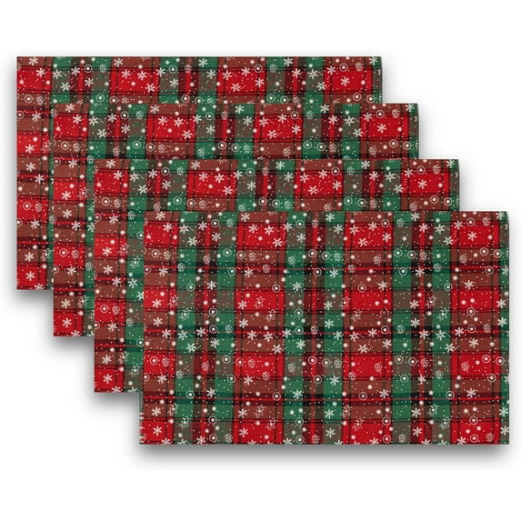 Christmas Plaid Placemats Set of 4, Red Green Snowflake Buffalo Checkered Tartan Winter Thanksgiving Xmas Table Mats for Dining Room Kitchen Table Decor