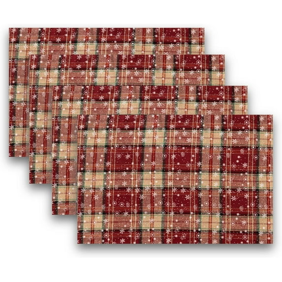 Christmas Plaid Placemats Set of 4, Red Green Snowflake Buffalo Checkered Tartan Winter Thanksgiving Xmas Table Mats for Dining Room Kitchen Table Decor