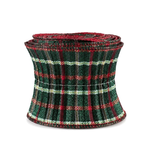 Christmas Plaid Pleated Wired Ribbon - 3" x 5 Yards, Emerald, Red, White, Wreath, Garland, Swag, Birthday, Farmhouse Wedding, Gift Wrap, Tree Wrap, Metallic Gold Accents