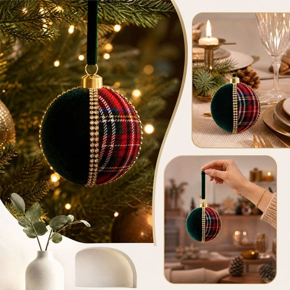 Christmas Plaid Red Velvet Christmas Hanging Ball Ornament Fabric Wrapped Flocked Baubles Decoration Handmade Shatterproof Display Xmas Tree Thanksgiving