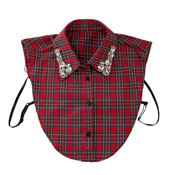 Christmas Plaid Rhinestone Detachable Collar – Stylish Fake Shirt Blouse Collar with Adjustable Straps, Half Mock Neck Dickie for Holiday Outfit Layering